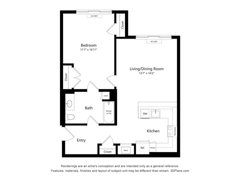 Floor plan for 1 bed, 1 bath, 717 sqft